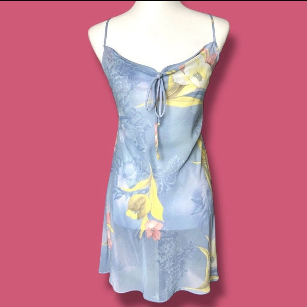 90s Vintage Lux Pastel Blue Floral Mini Dress